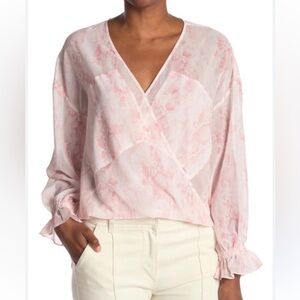 AllSaints Penny Masala Sheer Long Sleeve Surplus Blouse in Pink and White US6